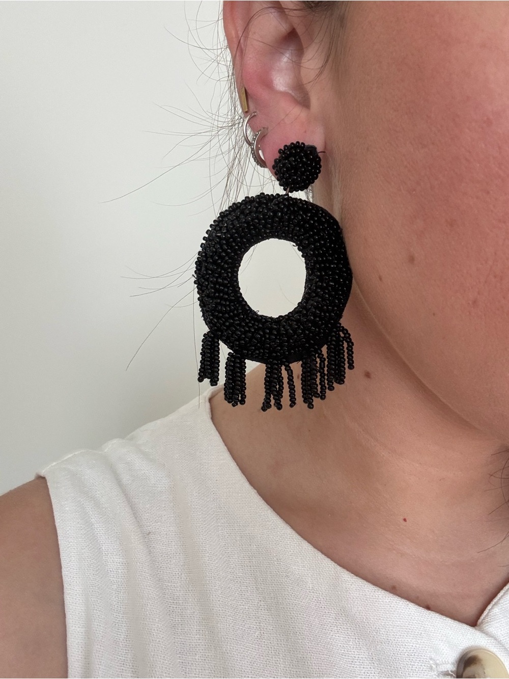 Black Beaded Hoop Fringe Statement Earrings